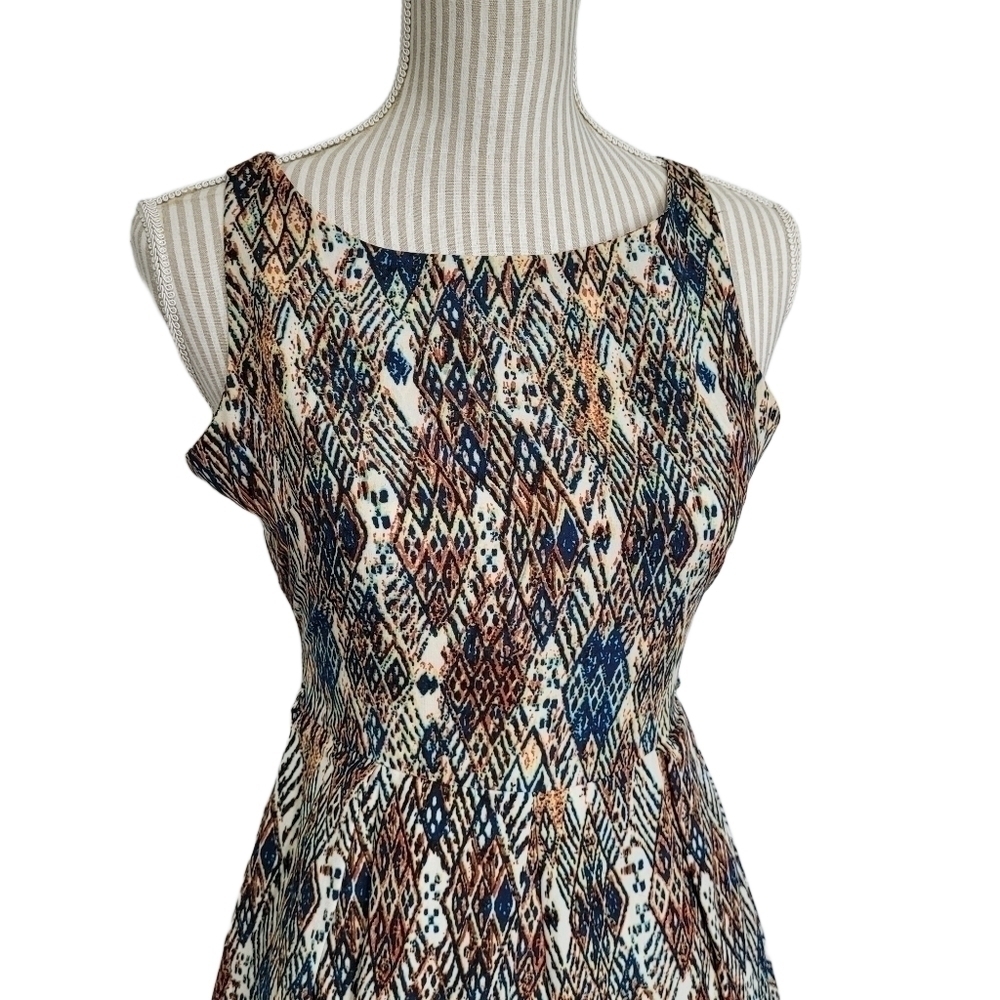 Pixie + Diamond Abstract Midi Dress High Neck Fit Flare Small - Picture 2 of 12
